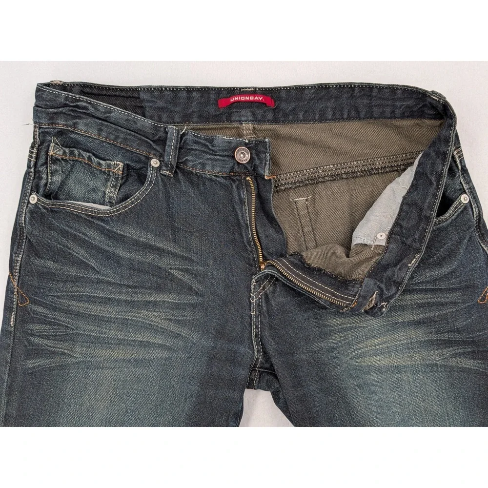 Y2K Unionbay Mens 36x32 Bootcut Jeans Dark Wash Faded Embroidered Pockets
